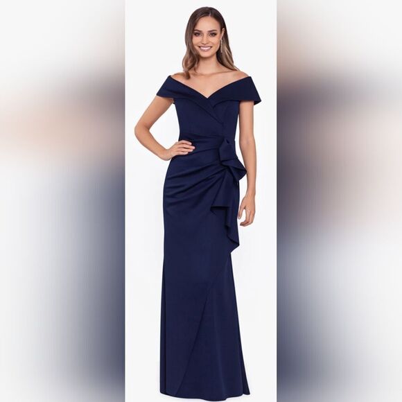 Xscape PATTI LONG OFF THE SHOULDER SCUBA CREPE DRESS NWT size 16 & 14 Blue - Picture 1 of 6